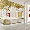 Luxurious Jewelry Store Interior Design With Golden Decor Crystal Chandelier And White Display Counters