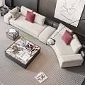 Modern Living Room Sofa and Coffee Table Set with Red Pillows Gray Rug and Art