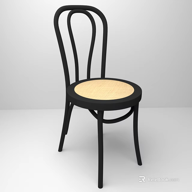 Curved Black Frame Dining Chair With Rattan Light Seat And Modern Minimalist Design 3d model 