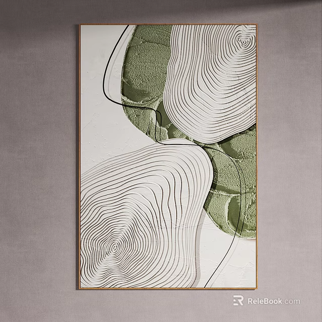 Modern Abstract Decorative Artwork With Green White Wavy Lines And Black Curves On Gray Wall 3d model 