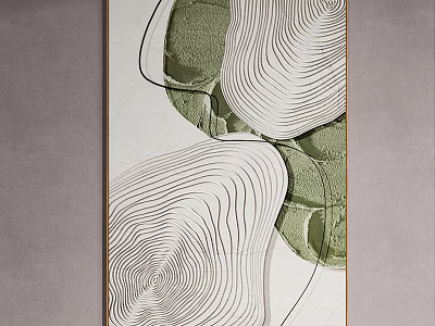 Modern Abstract Decorative Artwork With Green White Wavy Lines And Black Curves On Gray Wall 3d model
