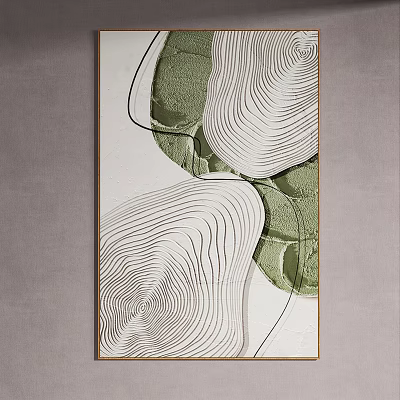 Modern Abstract Decorative Artwork With Green White Wavy Lines And Black Curves On Gray Wall 3d model