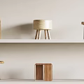 Wooden Stools With Various Designs Displayed On Shelves Light Wall
