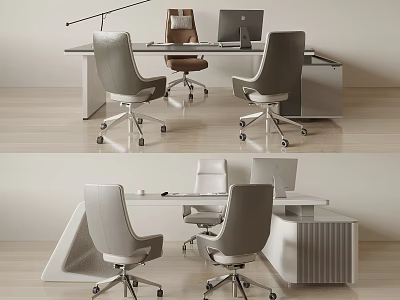 Modern Office Desk With Ergonomic Chairs Laptop Lamp And Minimalist Storage Cabinet 3d model