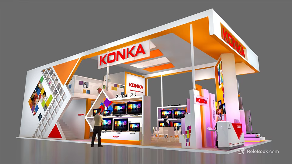 KONKA Exhibition Booth With Orange White Geometric Decorations And TV Display Screens 3d model 