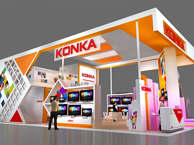 KONKA Exhibition Booth With Orange White Geometric Decorations And TV Display Screens 3d model