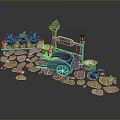 Cozy Mini Garden Scene With Stone Path Blue Cart Wooden Sign Flower Pots And Candles