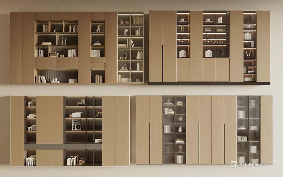 Modern Wooden Bookcase With Multiple Shelves And Storage Compartments Design 3d model 