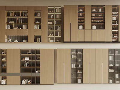 Modern Wooden Bookcase With Multiple Shelves And Storage Compartments Design 3d model