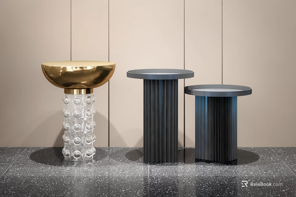 Three Stylish Circular Accent Tables Featuring Golden Top Transparent Glass And Fluted Dark Bases 3d model 