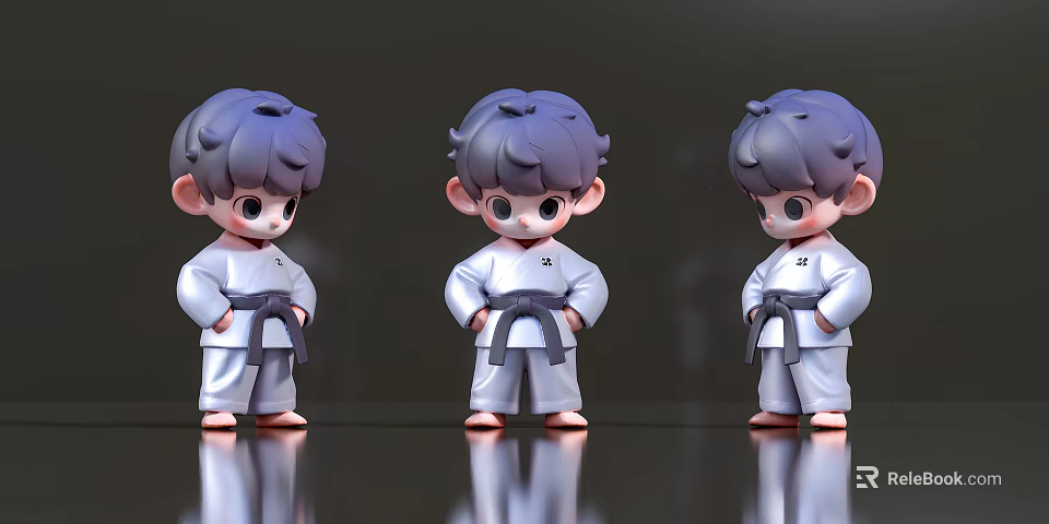 Three Young Karate Boy Figurines in White Uniform with Black Belt Different Poses 3d model 