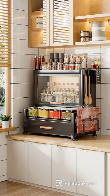 Modern Kitchen Cabinet With Transparent Doors And Spice Storage Drawer 3d model 