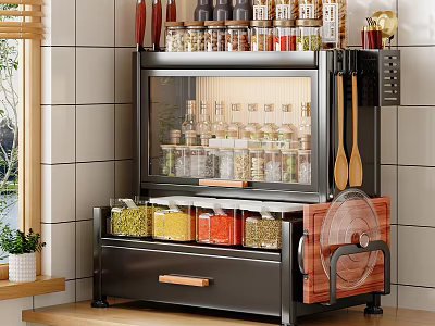 Modern Kitchen Cabinet With Transparent Doors And Spice Storage Drawer 3d model