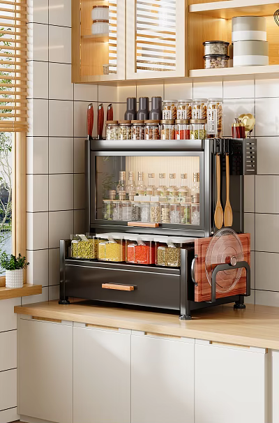Modern Kitchen Cabinet With Transparent Doors And Spice Storage Drawer 3d model