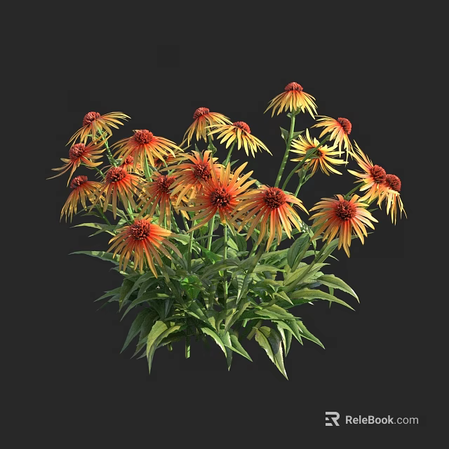 Blooming Yellow Orange Petal Flowers With Red Centers And Green Leaves 3d model 