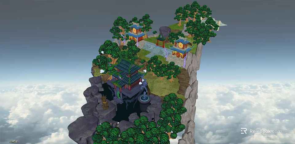 Ancient Architecture on Cliff Surrounded by Lush Trees and Clouds 3d model 