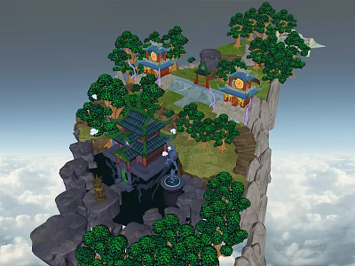 Ancient Architecture on Cliff Surrounded by Lush Trees and Clouds 3d model