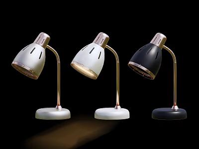 Three Modern Table Lamps with White Black Shades and Golden Curved Poles 3d model