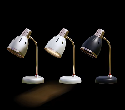Three Modern Table Lamps with White Black Shades and Golden Curved Poles 3d model