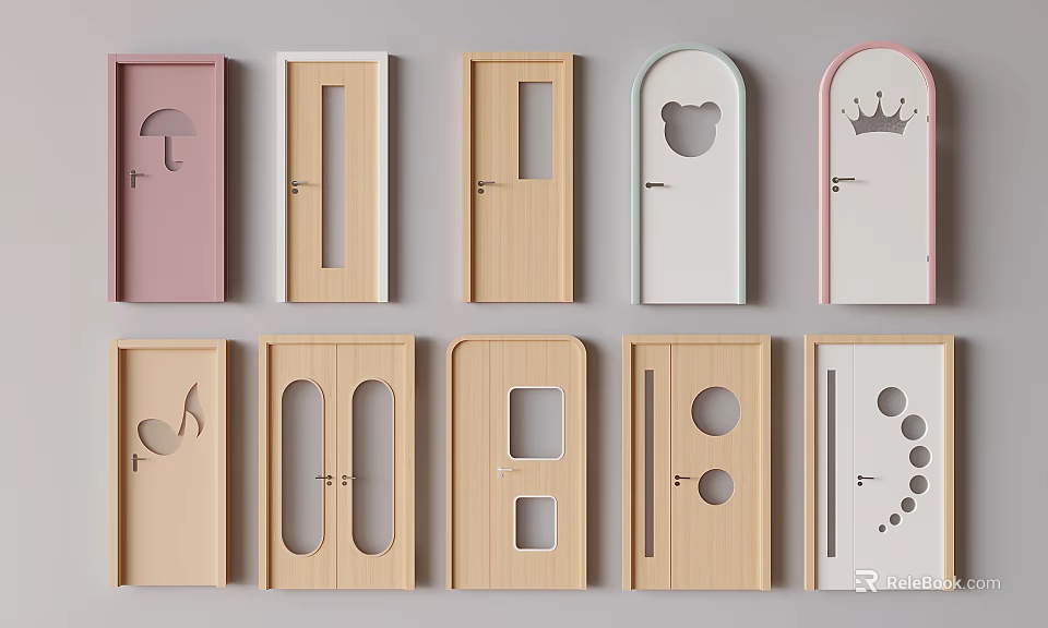 Hinged Doors With Various Designs Colorful Options Different Shapes And Decorative Patterns 3d model