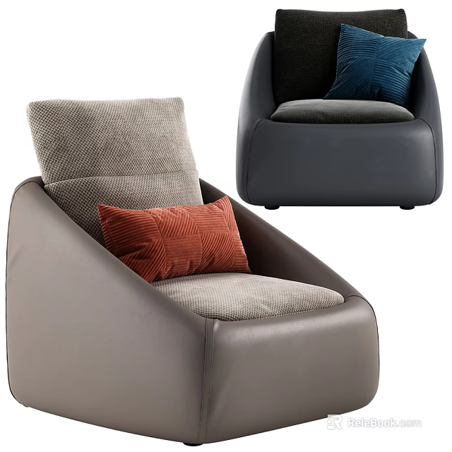 Modern Stylish Single Sofa With Gray Upholstery And Orange Blue Accent Cushions 3d model 