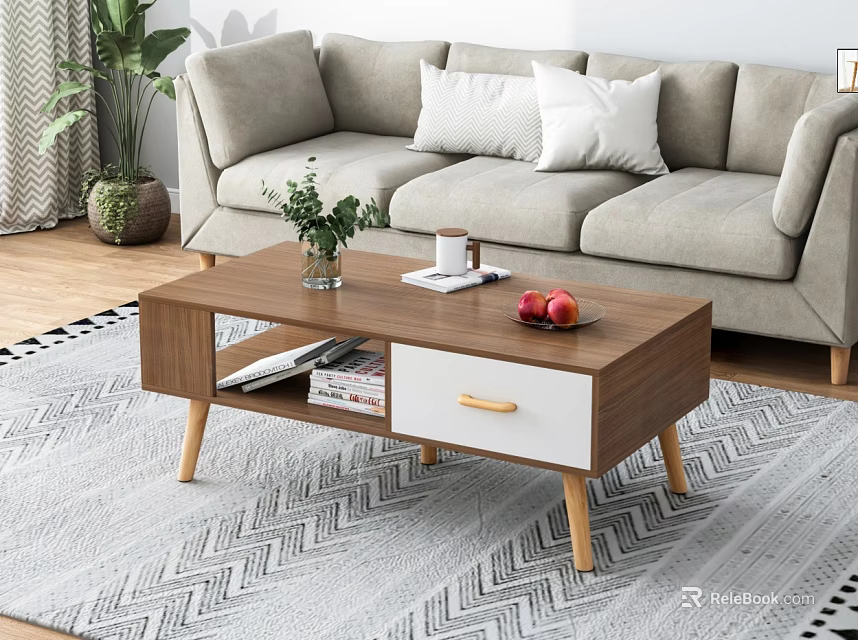 Light Gray Sofa With Cushions And Wooden Coffee Table Set On Geometric Rug 3d model 