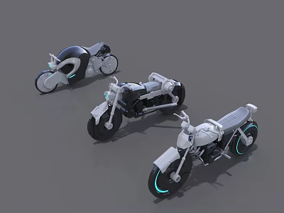 Three Futuristic Motorcycles With Sleek Black White Bodies And Blue Neon Lights 3d model
