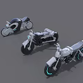 Three Futuristic Motorcycles With Sleek Black White Bodies And Blue Neon Lights