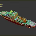 3D Model of Red and Green Work Vessel with Crane and Deck Structure