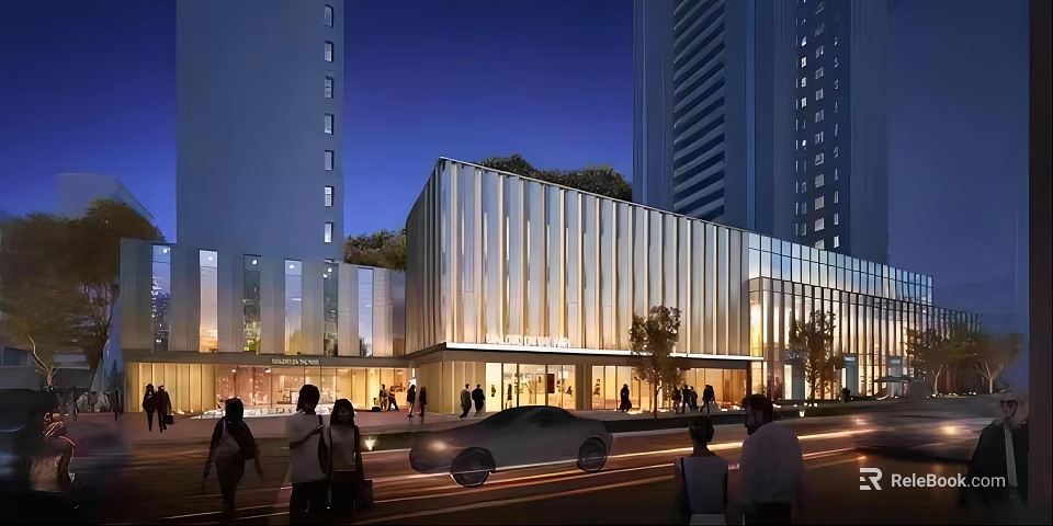 Modern Contemporary Sales Office Building With Glass Curtain Wall Evening Lighting Pedestrians And Tall Buildings 3d model 