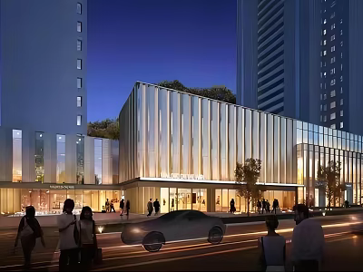 Modern Contemporary Sales Office Building With Glass Curtain Wall Evening Lighting Pedestrians And Tall Buildings 3d model