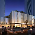 Modern Contemporary Sales Office Building With Glass Curtain Wall Evening Lighting Pedestrians And Tall Buildings