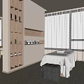 Modern SPA Interior With Massage Table Wooden Shelves Sheer Curtains And Decorative Items
