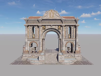 Ancient Architecture Stone Archway With Intricate Carvings Grand Steps Under Blue Sky White Clouds 3d model