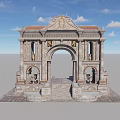 Ancient Architecture Stone Archway With Intricate Carvings Grand Steps Under Blue Sky White Clouds