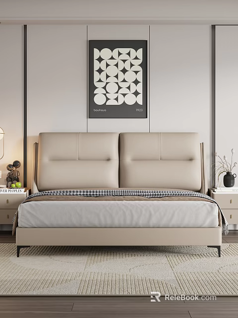 Beige Leather Double Bed with Tufted Headboard Nightstands Lamp Vase and Geometric Art Modern Minimalist 3d model 