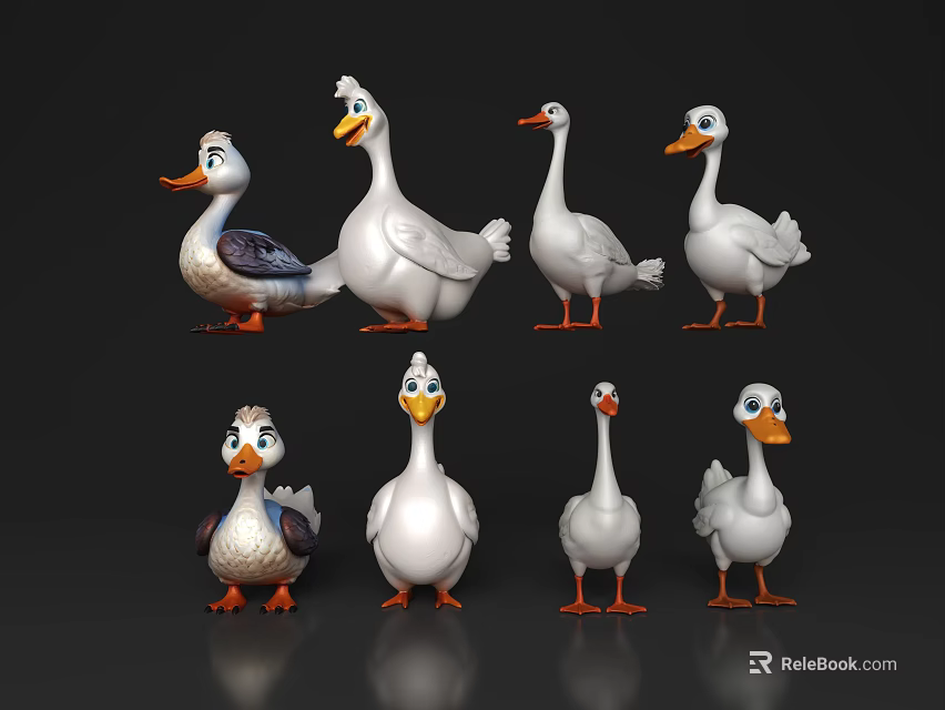Cartoon Style Flying Animal Ducks In Various Poses And Different Colors On Black Background 3d model 