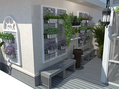 Beautiful Roof Garden with Green Plants Flower Baskets Wooden Floor Bench and Lantern Light 3d model