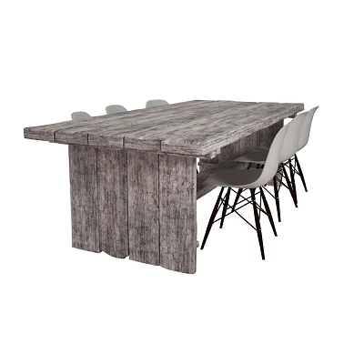 Rustic Wooden Outdoor Table with Light Gray Chairs and Black Metal Legs for Dining 3d model