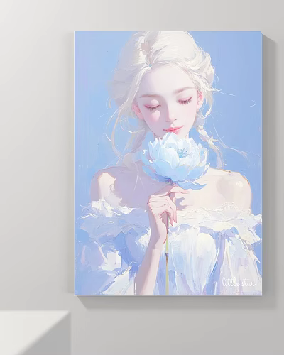 Portrait Painting of Blonde Woman with Closed Eyes Holding Blue Flower in Light Blue Background 3d model