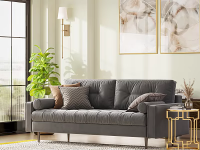 Gray Multi Seater Sofa With Accent Pillows Gold Side Table Green Plant And Wall Art 3d model
