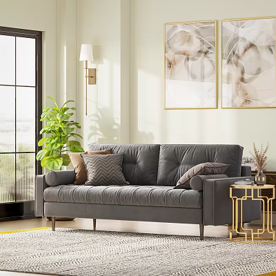 Gray Multi Seater Sofa With Accent Pillows Gold Side Table Green Plant And Wall Art 3d model