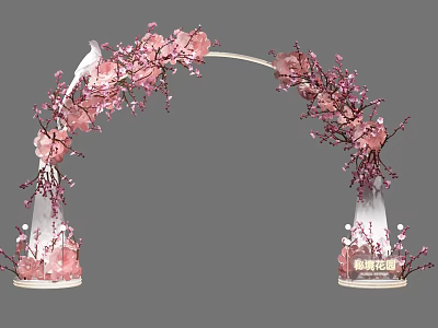 Elegant Event Archway Adorned With Pink Cherry Blossoms White Dove And Decorative Bases 3d model