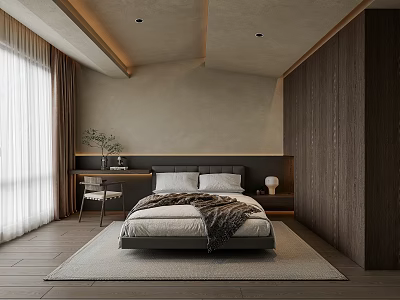 Minimalist Bedroom Interior Design With Wooden Walls Flooring Large Bed Soft Rug And Light Curtains 3d model