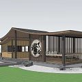 Traditional Landscaped Post Station with Black Tiled Roof Green Lawn Stone Pavement and Outdoor Seating