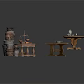 Vintage Furniture Collection With Round Wooden Table Small Table Pottery Jars Scale And Tea Set