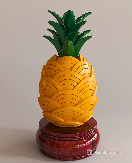 Decorative Yellow Pineapple Shaped Ornament Set with Red Base for Home Decor 3d model 
