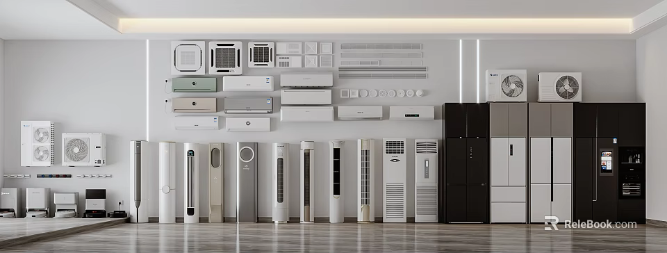 Various Household Appliances Display With Wall Mounted And Floor Standing Designs 3d model 