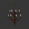 Antique Copper Chandelier With Ornate Design And Candle Shaped Lights Hanging From Chain