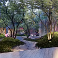 Modern Garden Landscape with Pink Giraffe and Deer Sculptures Water Pool Green Plants Illuminated Path